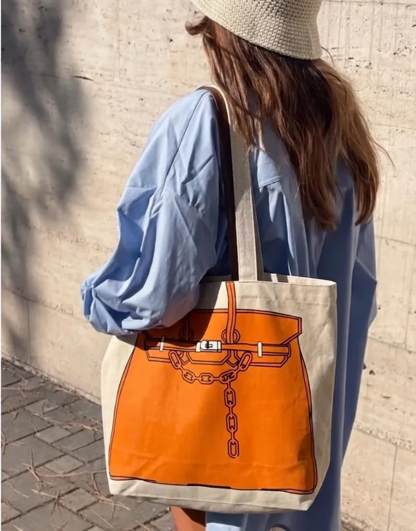 Canvas Tote Bag – Drawing Print Shopper, Large Everyday Shoulder Bag Orange - Image 2