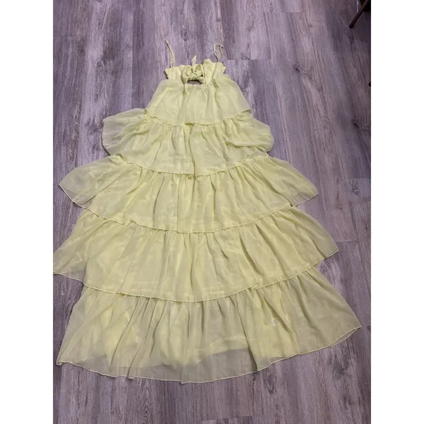 Lucy In The Sky Yellow Tiered Chiffon Maxi Dress Tie Front Cutout Back Small NEW - Image 4