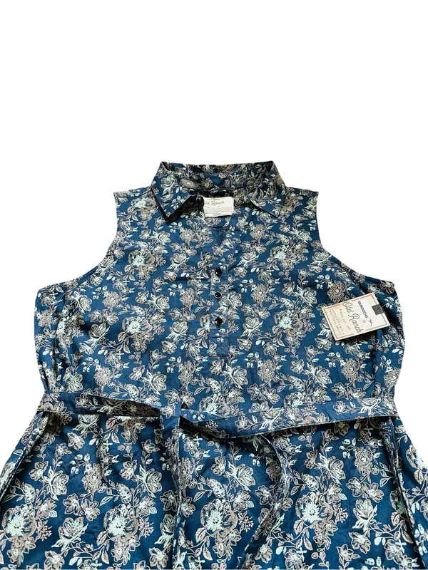Old Ranch Blue Floral Shirt Dress Sleeveless Tie Belt Vacation Cotton Casual - Image 2