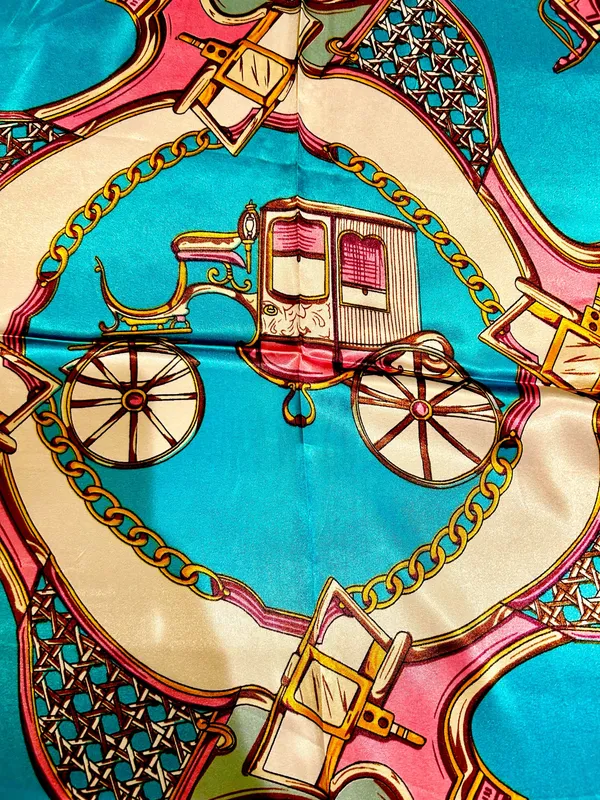 VTG Royal Regal Carriage Print turquoise/PINK oversized square Silky Scarf 35/35 - Image 2