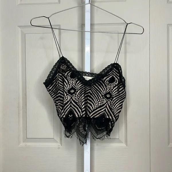 Lovers + Friends Black Lace Cami Crop Top Scalloped Eyelash Trim - Image 3