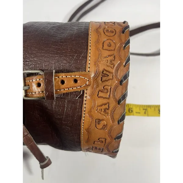 Brown/Tan Floral Tooled Embossed Mini Backpack Drawstring Flap Buckle Silver - Image 9