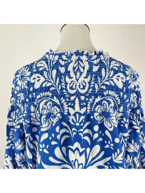 NWOT John Mark Linen Blend Floral Smocked Sleeves Top Blouse Shirt Blue Size M - Image 7