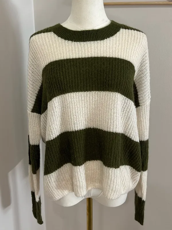 Madewell Stripe‎ Rosario Sweater Green and White M - Image 2