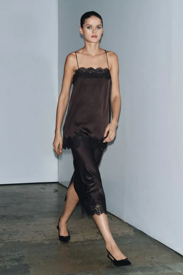 Zara satin Lace-Trim Slip Dress Top in Deep Brown - Image 11