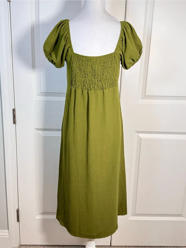 Monteau Los Angeles M Olive Green Puff Sleeve Midi Dress Cottagecore Boho Brunch - Image 6
