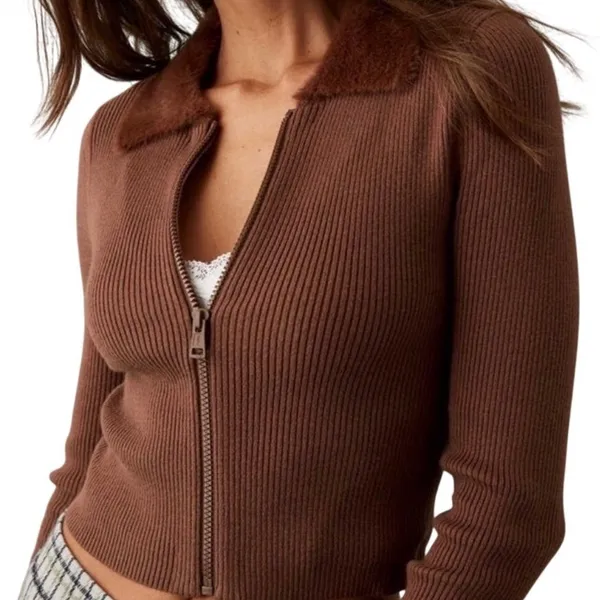 American Eagle Brown Ribbed Faux Fur Collar Zip Up Sweater Y2K Cozy Size M - Image 2