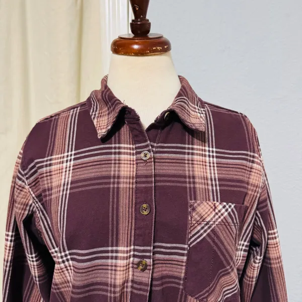 Carhartt 100% Heavy Coton Womens Burgundy Plaid‎ Flannel Henley Popover Size L - Image 4