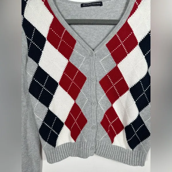 Brandy‎ Melville Elizabeth Argyle Cropped Cardigan Gray Red Navy Size Small - Image 5