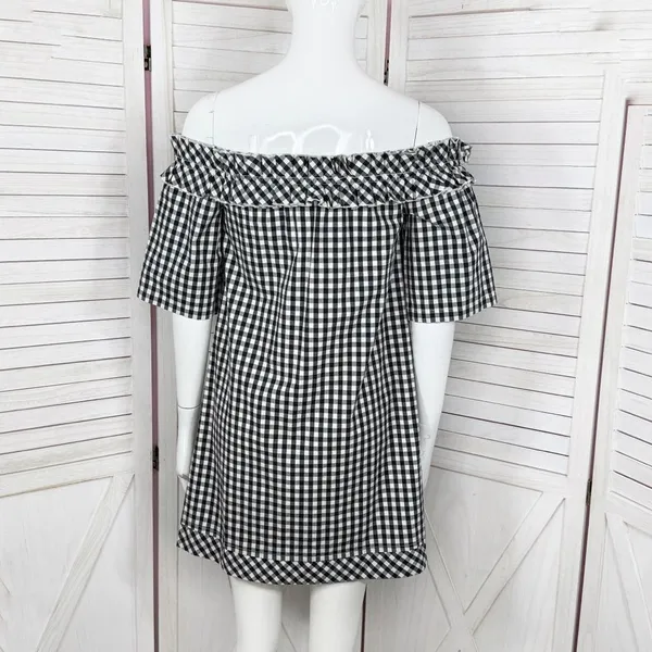 Vineyard Vines Gingham Check Off The Shoulder Shift‎ Mini Dress Black White XS - Image 4