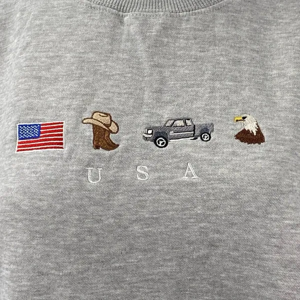 Women's Gray Embroidered USA Flag Cowboy Eagle Long Sleeve Sweatshirt Top Size M - Image 2