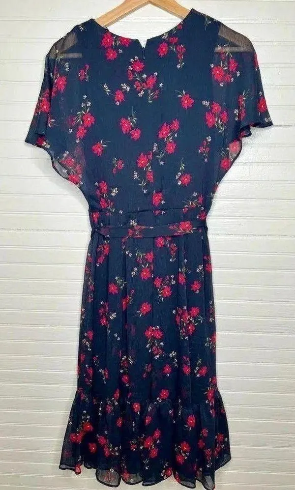 Calvin Klein Women's Floral V-Neck Dress Blue Size 2 Tie Waist Short Sleeve - Image 3