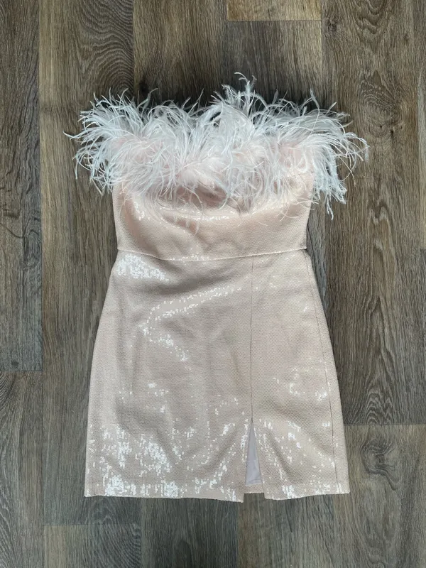 Amanda Uprichard Feather Trim Sequin Strapless Mini Dress Blush Sz S NWT - Image 2