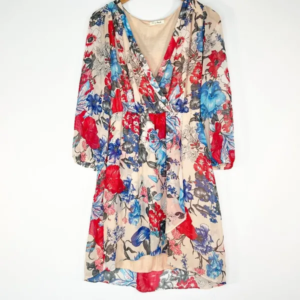 Honey Punch Nude Multicolor Floral Print Flowy Long Sleeve Dress Lulus Womens M - Image 2