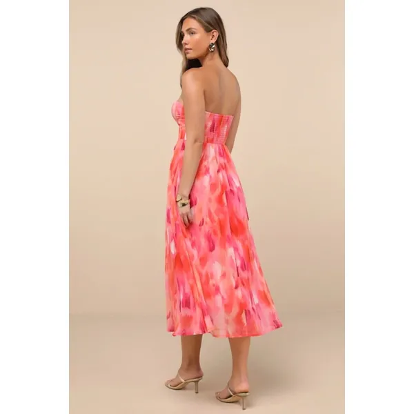 NWT Lulus Aysel Coral Pink Abstract Strapless Bustier Midi Dress Cruise Vacay XS - Image 3