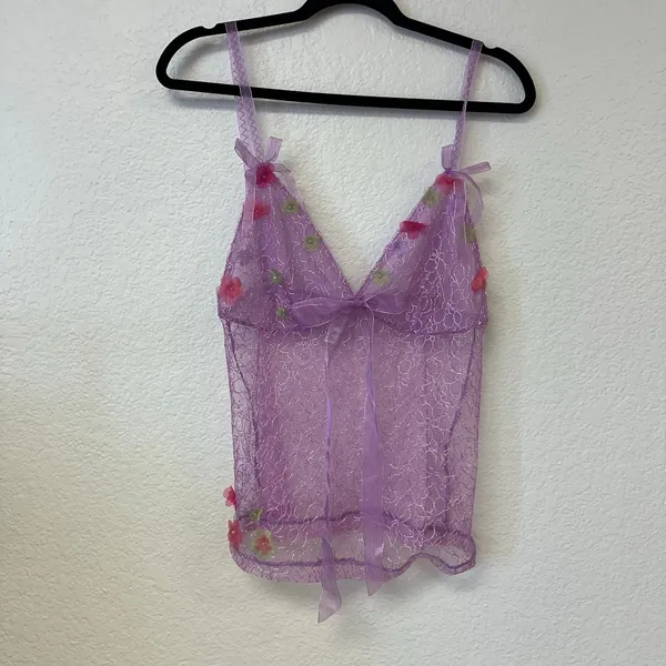 Y2k Delicates purple lace cami top 3D floral Bow fairy euro - Image 3