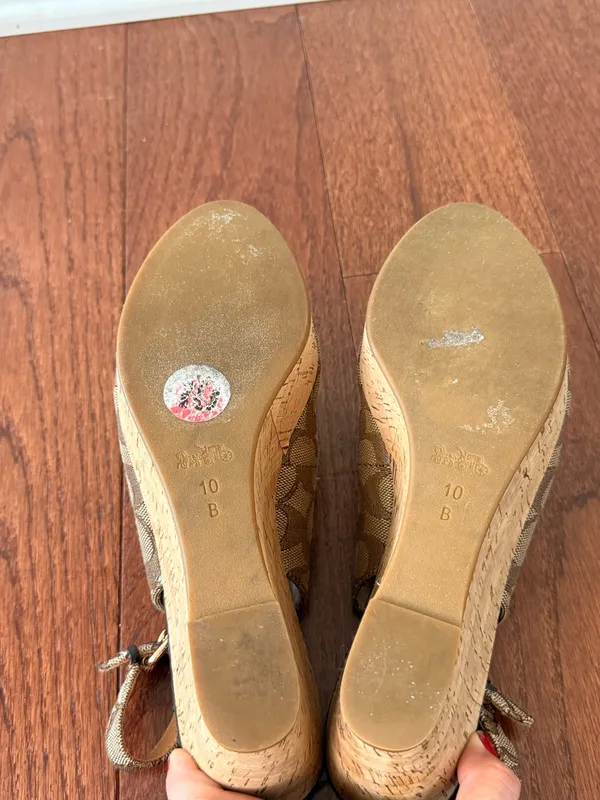 Coach Tan Signature Canvas Peep-Toe Slingback Heels with Black Toe - Image 5