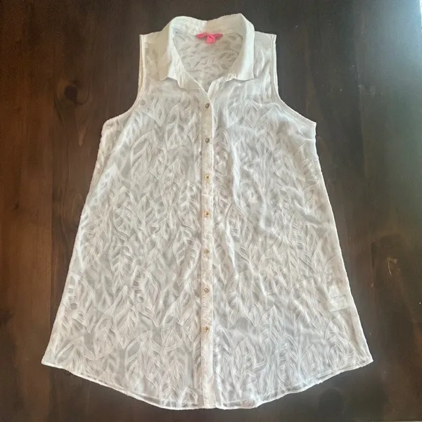 Lilly Pulitzer Tunic Top Large White Sleeveless Leaf‎ Design Resortwear Tropical - Image 3