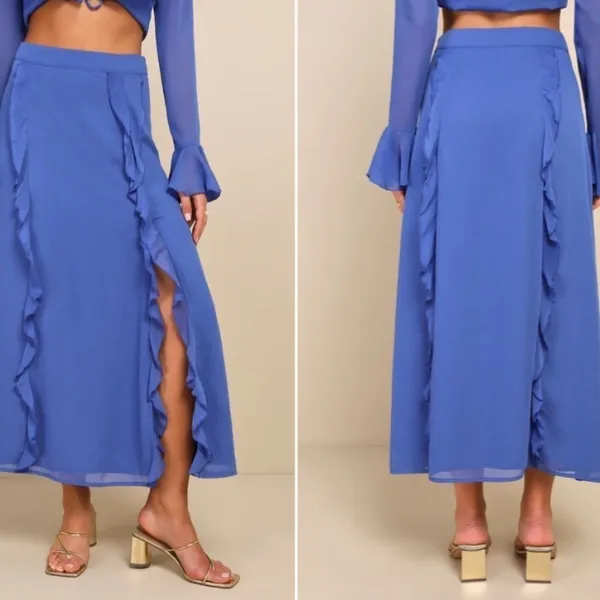 LULU's Boho Bohemian Flowy Romantic Ruffle Chiffon Blue Maxi Skirt NWT - Image 5