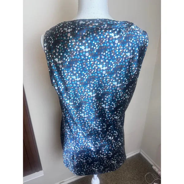 Spense Womens Blue Polka Dot Confetti Satin Sleeveless Blouse Top Large Pleated - Image 3