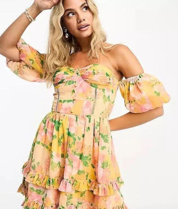 ASOS NWT Miss Selfridge chiffon corset detail puff sleeve mini dress in patchwork floral - Image 2