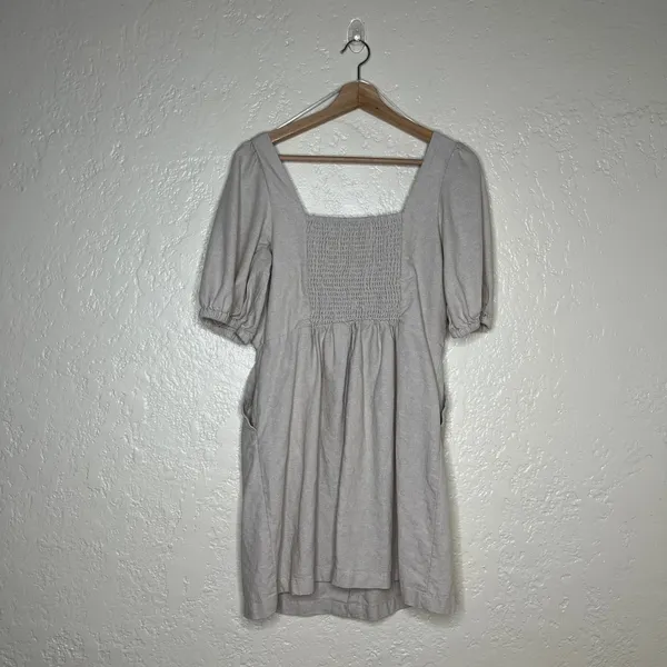 Old Navy Puff Sleeve Linen Blend Mini Dress Beige Neutral Button Front Size M‎ - Image 4