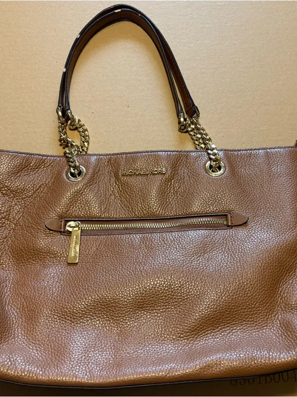 Michael Kors Cognac Pebbled Leather Tote with Gold Chain Straps zipper closure - Image 13