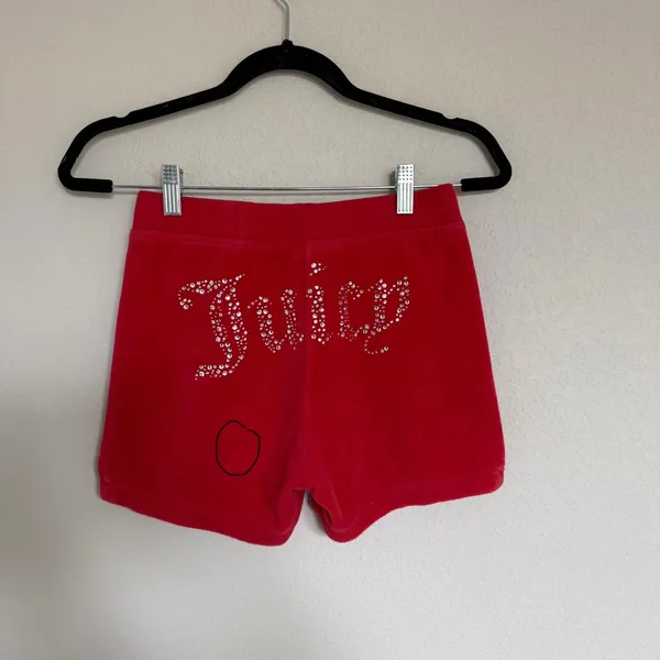 Juicy Couture Red‎ Velour Rhinestone Logo Shorts Vtg Y2K McBling Baddie Small - Image 6