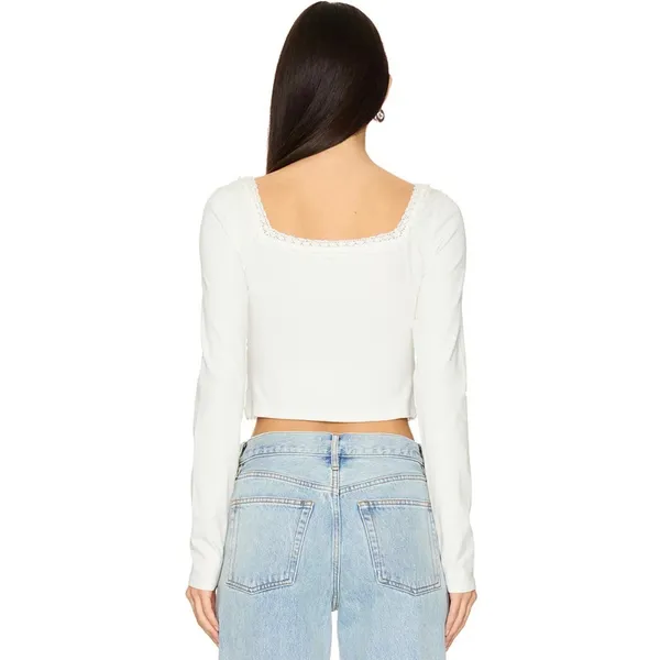 Free People Ivory Lace Trim Square Neck Long Sleeve Crop Top Size Small NEW‎ - Image 3