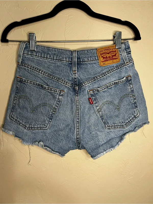 Levi’s 501 High Rise Distressed Raw Hem Button Fly Frstuval Cowgirl Denim Shorts - Image 6