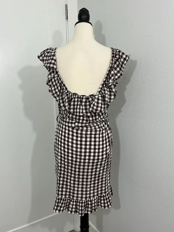 New Topshop Size 8 Brown Gingham Ruffle Sleeve Sash Dress NWT - Image 2