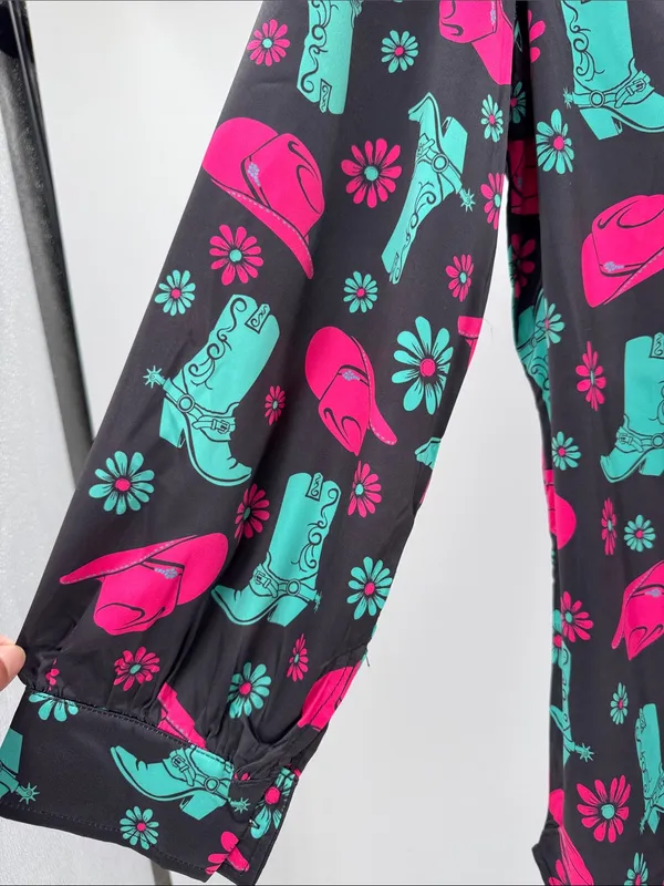 Jess Lea Black Mini shirt Dress with Pink & Teal Western Print M cowboy boots - Image 5