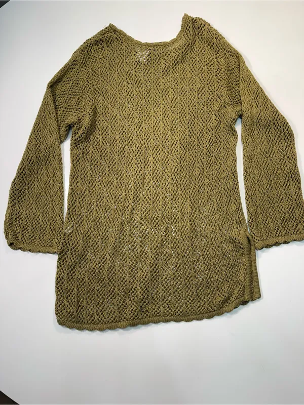 Liz Sport Linen Cotton BlendSheer Olive Green Open-Knit Long Sleeve Swim Coverup - Image 6