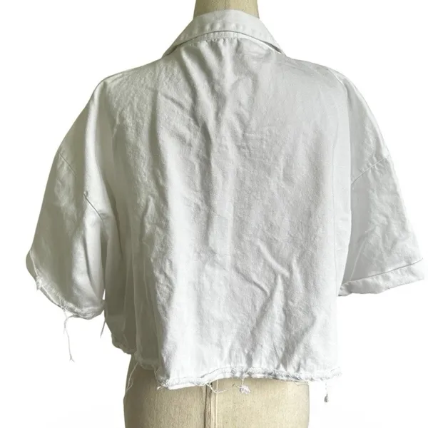 Zara Women Large Crop Denim Shirt Jacket White Button Front Short Sleeve | 14-35 - Image 2