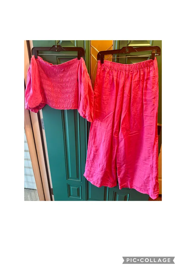 Young Fabulous & Broke Pink Linen Smocked Puff Sleeve Top Wide Leg Slit Pant Set Extra Small - Image 4