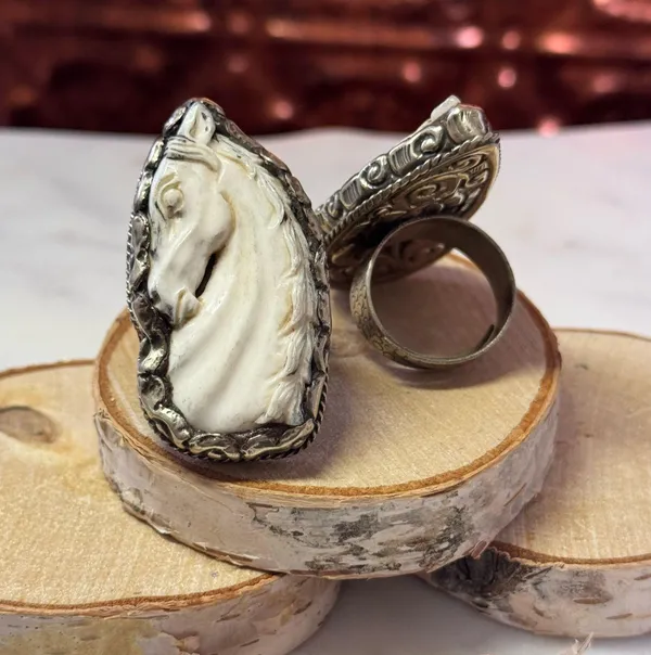 Elegant Horse Hand-carved Bone set in Tibetan Silver, Adjustable Sizing - Image 6