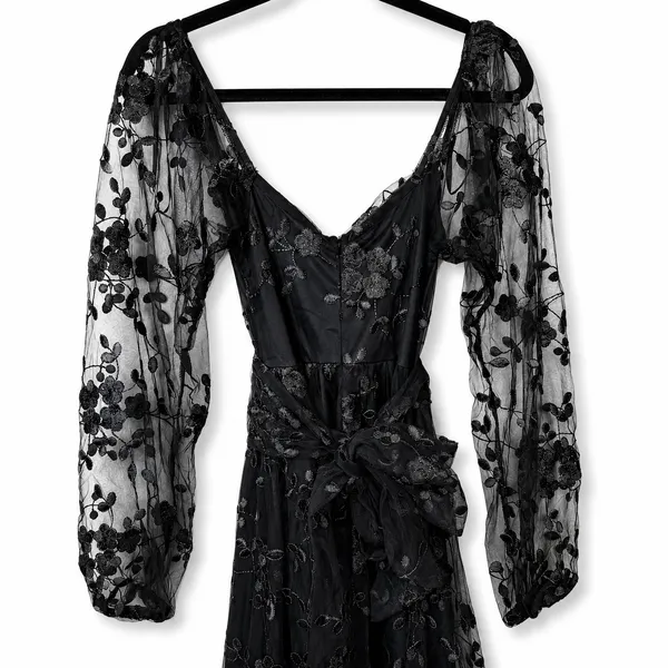 NEW Lulus Darling Charisma Black Mesh Embroidered Balloon Sleeves Midi Dress XS - Image 9
