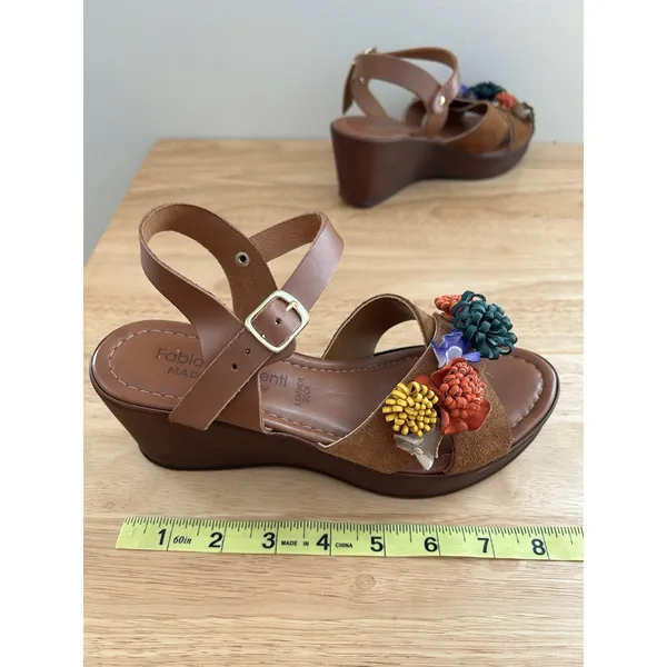 Fabio maggenti brown heel wedge leather flower accent Sz 7 boho floral See De - Image 10