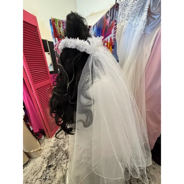 White Floral Bridal Crown Headband w/ Tiered Pearl Tulle Veil Wedding Accessory - Image 2