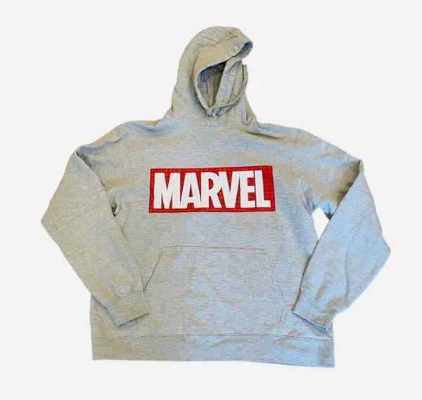 Marvel Comics Gray Hoodie Sweatshirt Red Logos of All Superhero L Avengers - Image 3