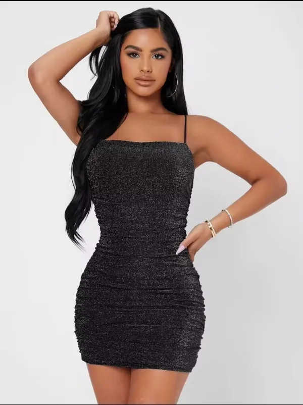 🖤 ✨ Sparkly Black Ruched Mini Bodycon Dress | Size S ✨🖤🎀 - Image 2