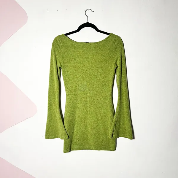 Green Bell Sleeve Mini Dress Small Retro Babydoll 70s Inspired Costume - Image 2