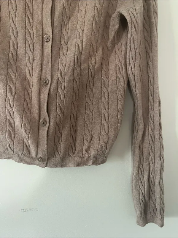 Uniqlo Brown Cable Knit Button Up Cardigan Small Cotton Quiet Luxury Preppy - Image 4