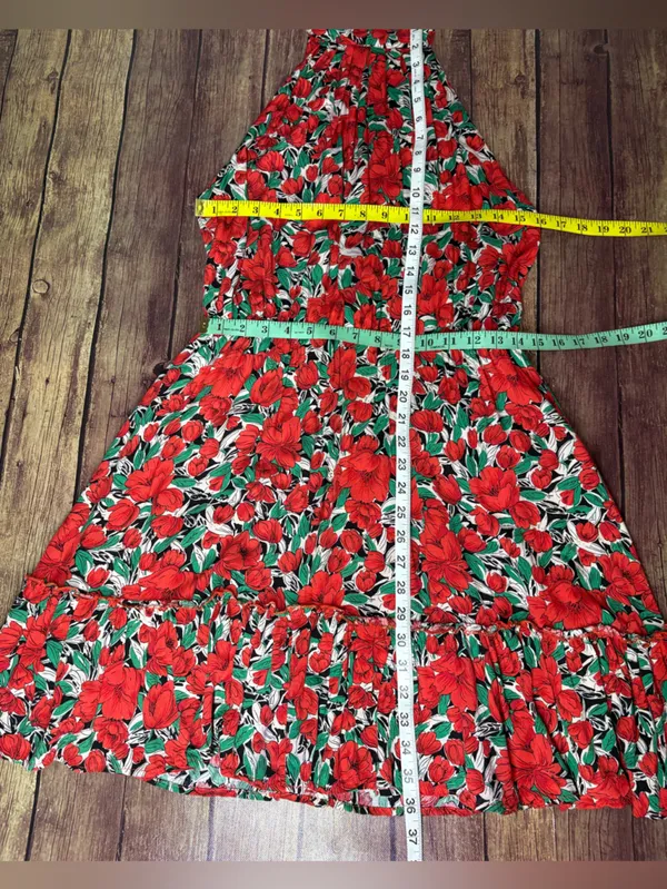 Red Floral Halter Mini Dress with Green Accents - Image 3