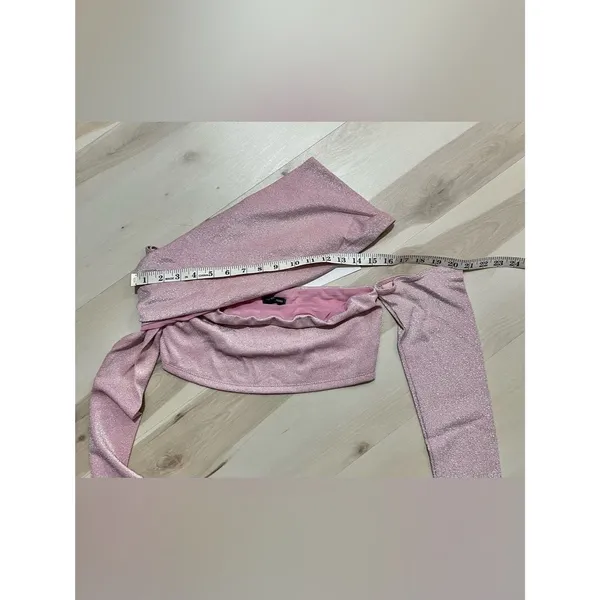 Naked Wardrobe NEW Women XL Pink Shimmer Asymmetrical Y2K Barbie Glam Crop Top - Image 7