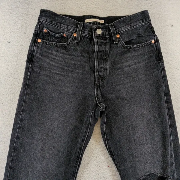 Levis Premium Wedgie‎ Straight Jeans Black Distressed Raw Hem 28x28 34964-0146 - Image 7