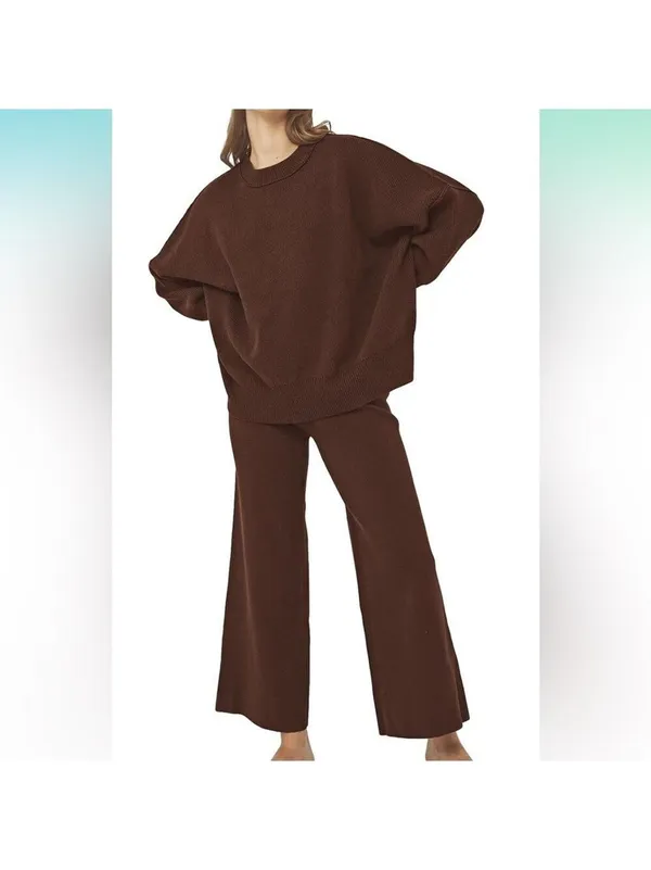 Sweater Set Women's Two Piece Long Sleeve Knit Top Brown - Image 2