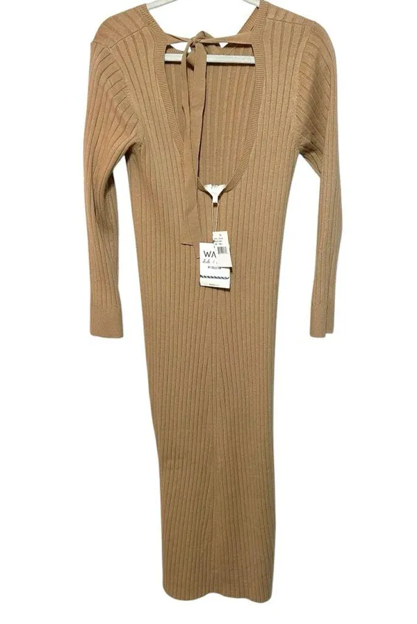 WAYF Dede x Emily Hollie Sweater Dress S BFFC Ribbed Knit Midi maternity tan - Image 7