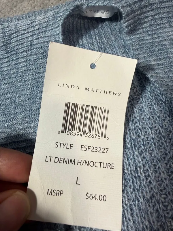 Linda Matthews Open Front Knit Cardigan Light Blue Large NWT Longline Pockets - Image 9
