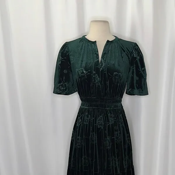 BALTIC BORN Green Velvet Artemis Maxi Dress Tonal Floral Smocked Flutter Small - Image 3